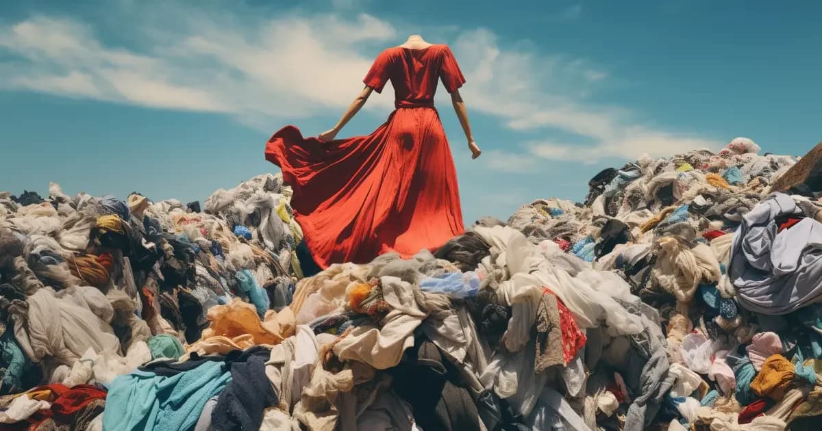 A figure in a red dress standing on a mountain of discarded clothing