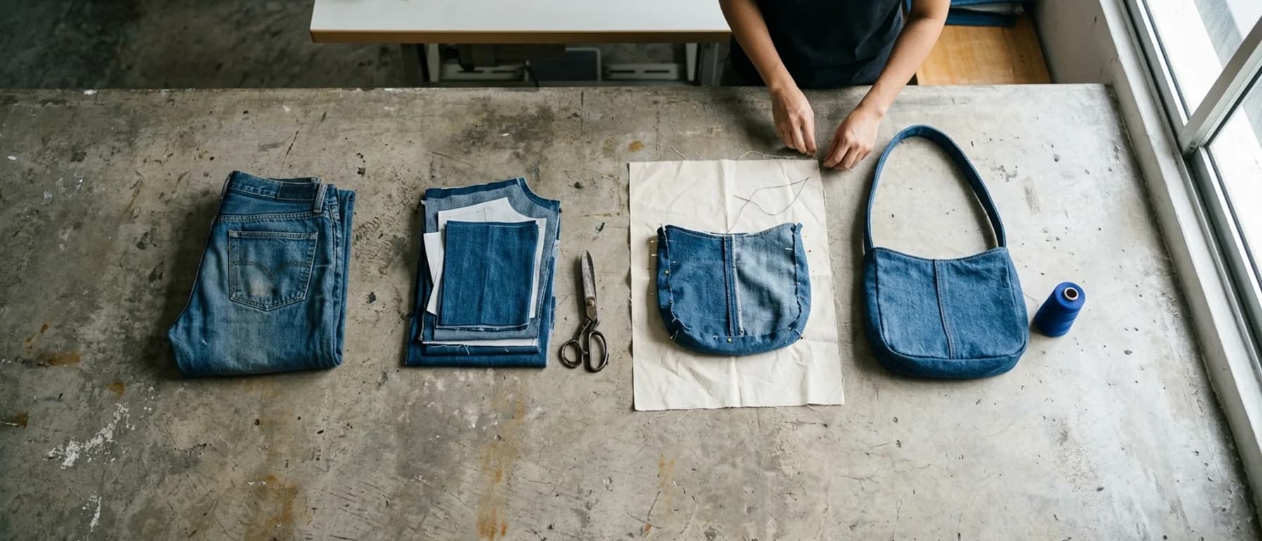 Reclaimed denim becoming a finished upcycled product